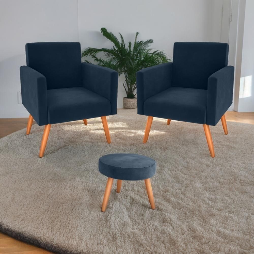 Conjunto Poltronas E Puff Iara Veludo Azul