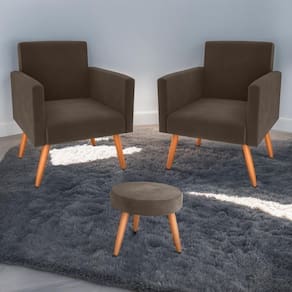 Conjunto Poltronas E Puff Anari Veludo Marrom