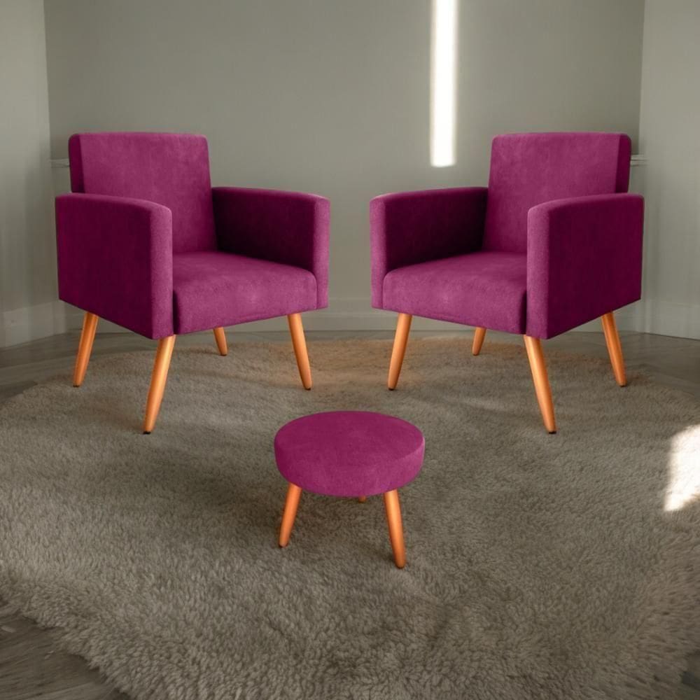 Conjunto Poltronas E Puff Iara Veludo Turkey Vinho