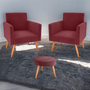 Conjunto Poltronas E Puff Anari Veludo Vinho
