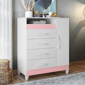 Cômoda Reyna Branco Rosa Titanium Azul 4 Gavetas