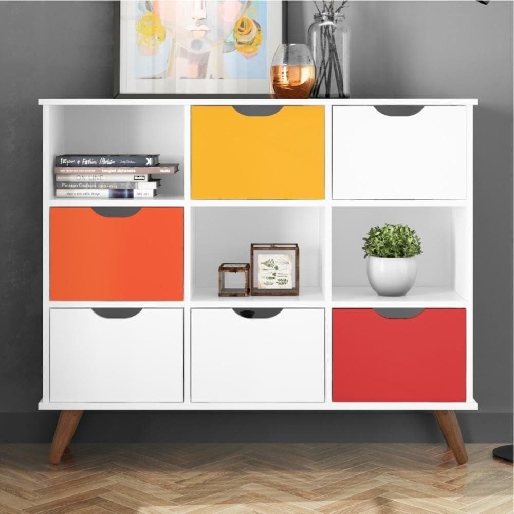 Nicho Organizador Retrô Yolanda Branco Com Gavetas Brancas E Coloridas