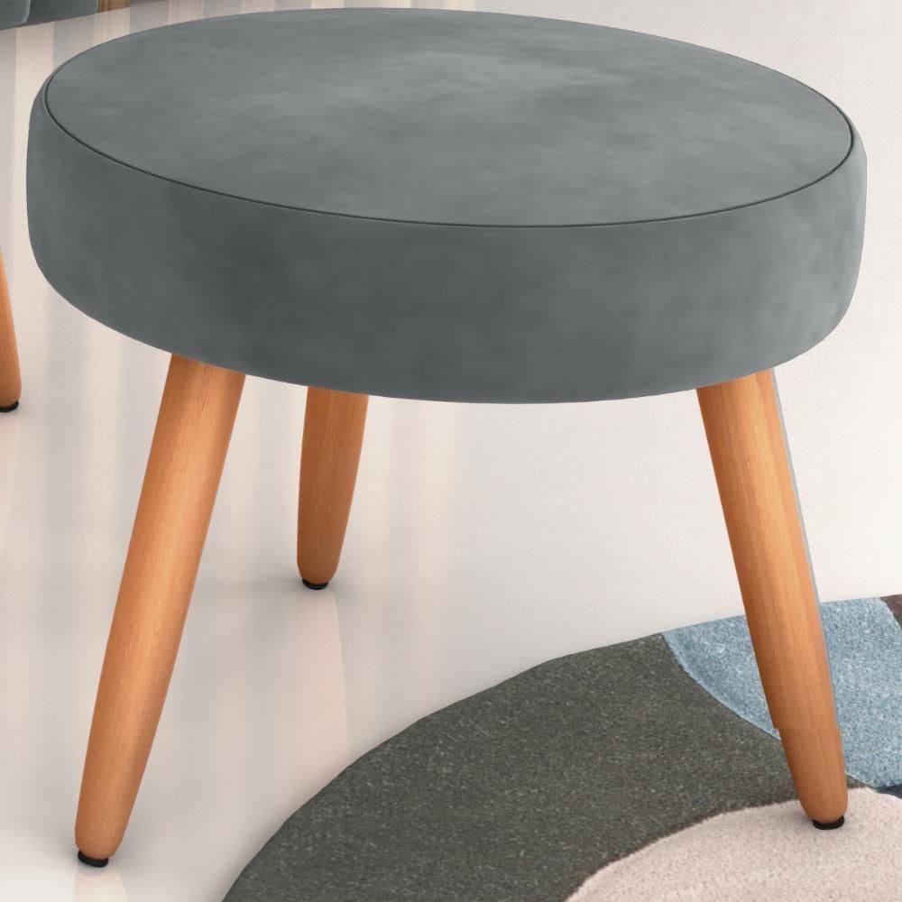 Puff Redondo Para Sala Sueli Veludo Cinza