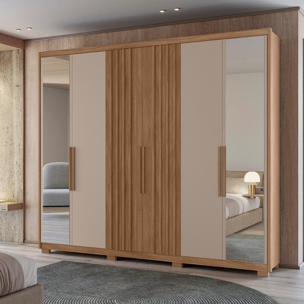 Roupeiro 3 Portas Ripado Com Espelho Roma Carvalho Fendi