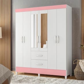Guarda Roupa 6 Portas Cancun Com Espelho Branco Rosa