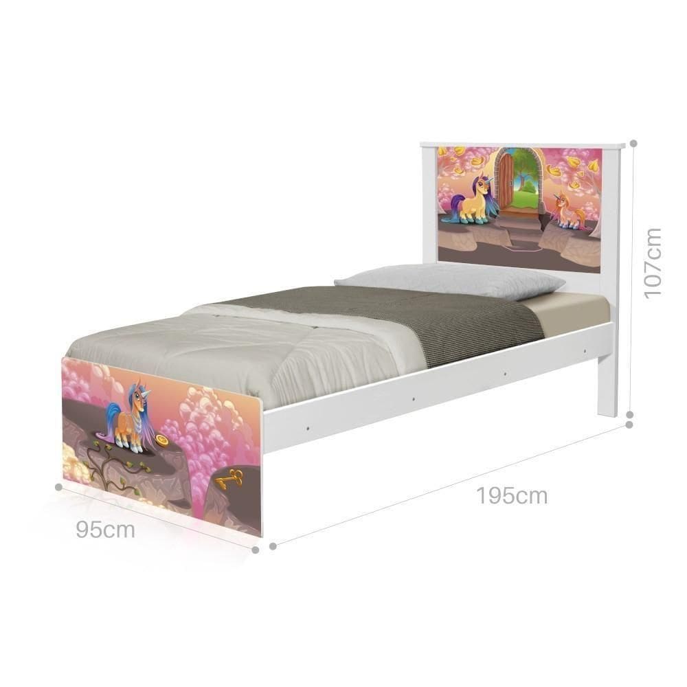 Cama Solteiro Com Cabeceira Adesivada Unicórnios Mágicos
