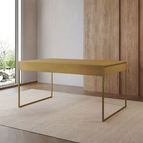 Mesa Industrial Caixote Filadélfia Tampo 120x75 Freijó Base Ferro Dourado