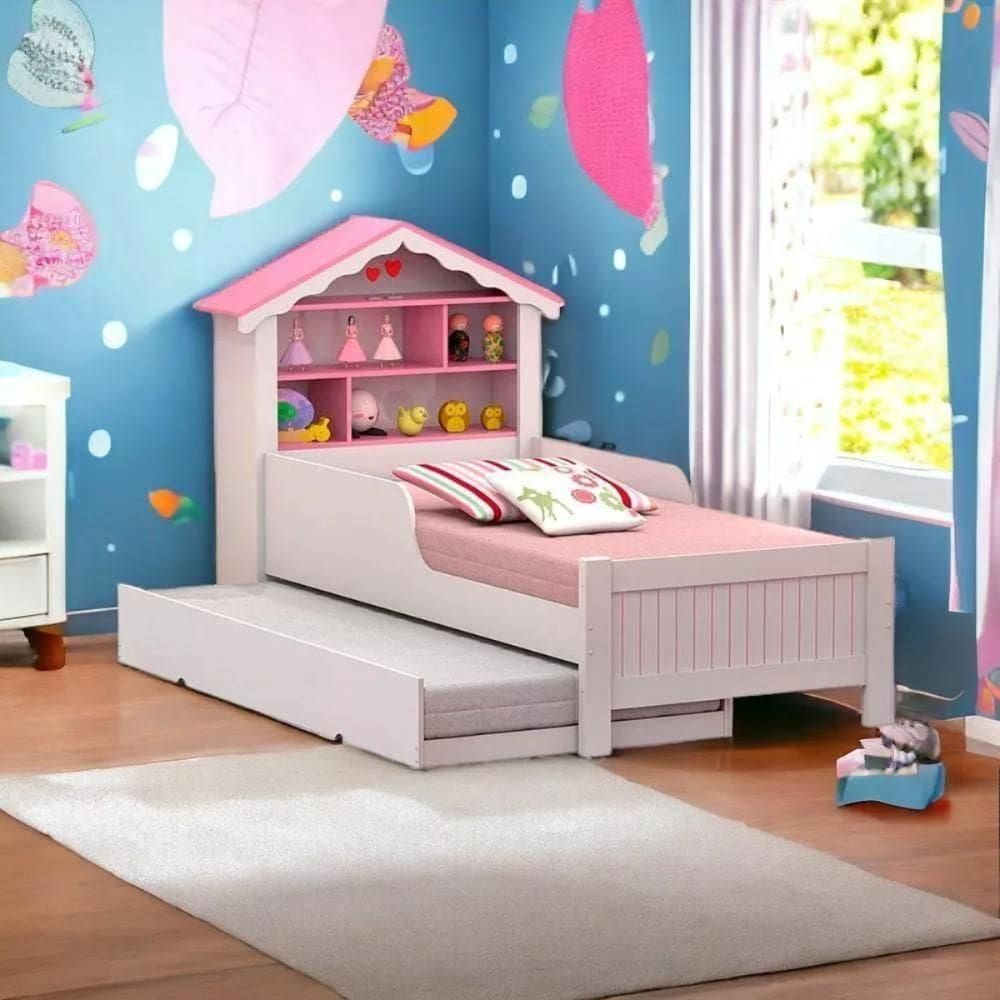 Bicama Casinha Menina Com Nichos Rosa