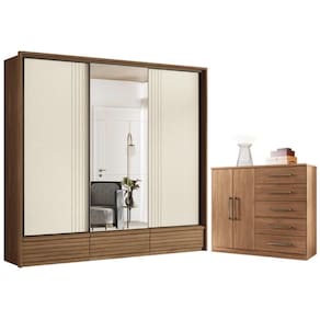Guarda Roupa Casal 3 Portas E Cômoda 5 Gavetas Paris Jatobá