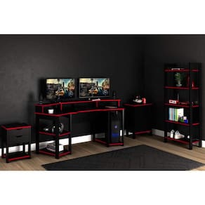 Quarto Completo Juvenil Gamer 4 Peças (Mesa Cabeceira + Mesa de Computador + Balcão + Estante) Preto/Vermelho - Tecno Mobili
