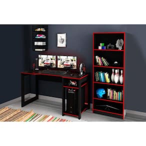 Mesa de Computador Solteiro Quarto Gamer ( de Computador + Estante) 2 Peças Preto/Vermelho - Tecno Mobili