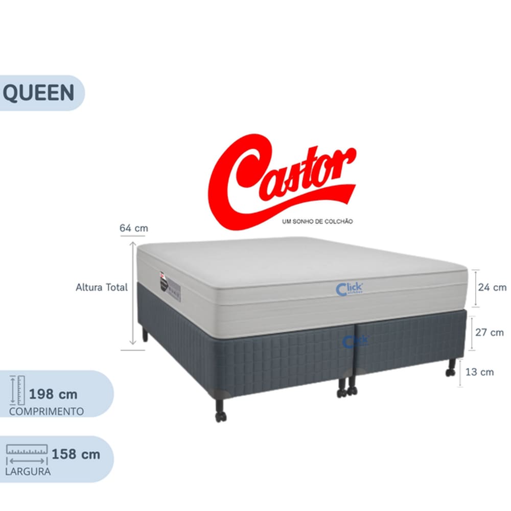 Conjunto Queen Castor Colchão Class New Tecnopedic One Face + Base Box Silver Star Cinza 158x198x64