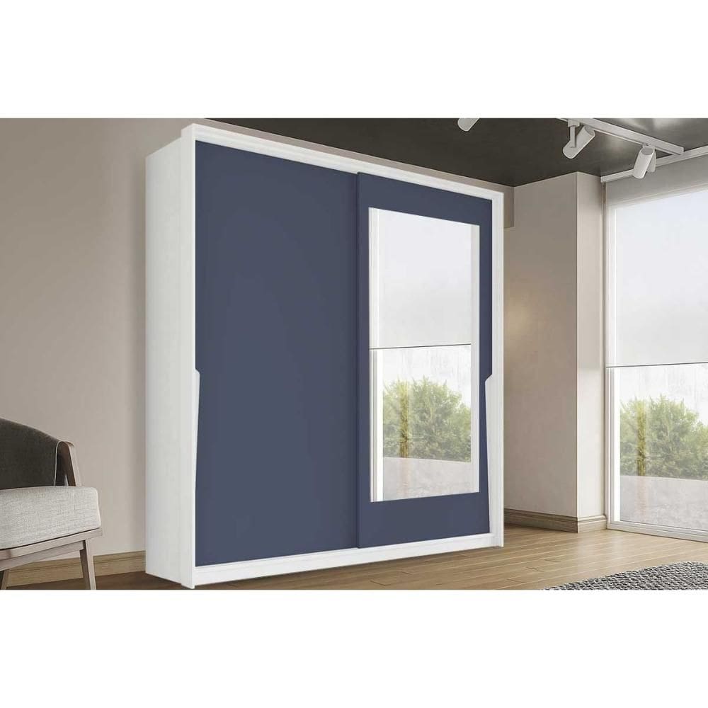 Guarda Roupa 2 Portas de Correr (1 c/ espelho) e 2 Gavetas Porto Branco/Azul - Politorno