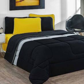 Kit Edredom Malha 100% Algodão Urbano 3 Peças Casal - Preto-mescla-preto