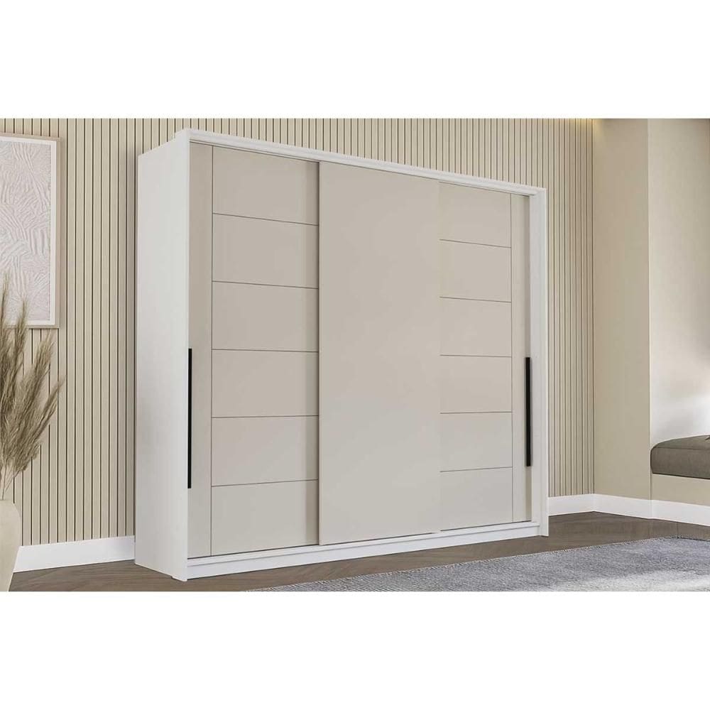 Guarda Roupa 3 Portas de Correr e 4 Gavetas Lisboa Branco/Creme - Politorno