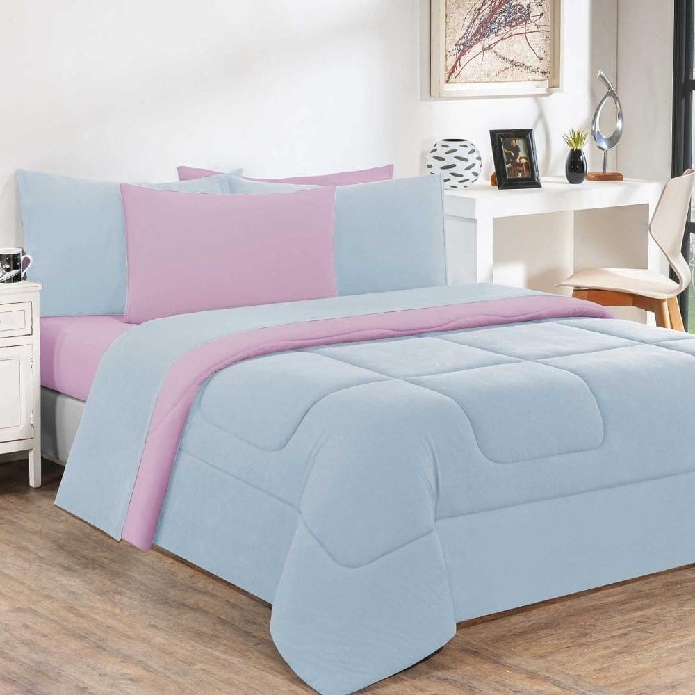 Kit Edredom Malha 100% Algodão Gran Moratta 3 Peças Queen - Azul Bebê-rosa Bebê