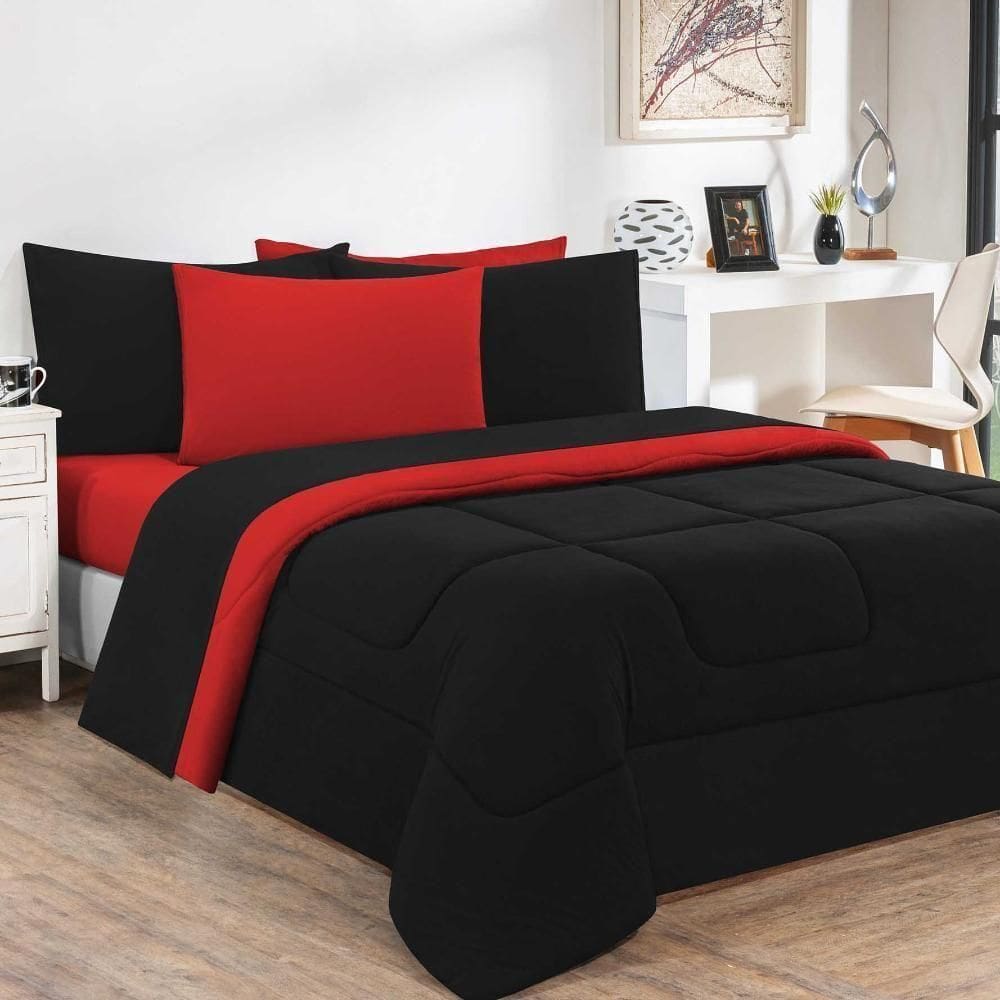 Kit Edredom Malha 100% Algodão Gran Moratta 3 Peças King - Preto-vermelho