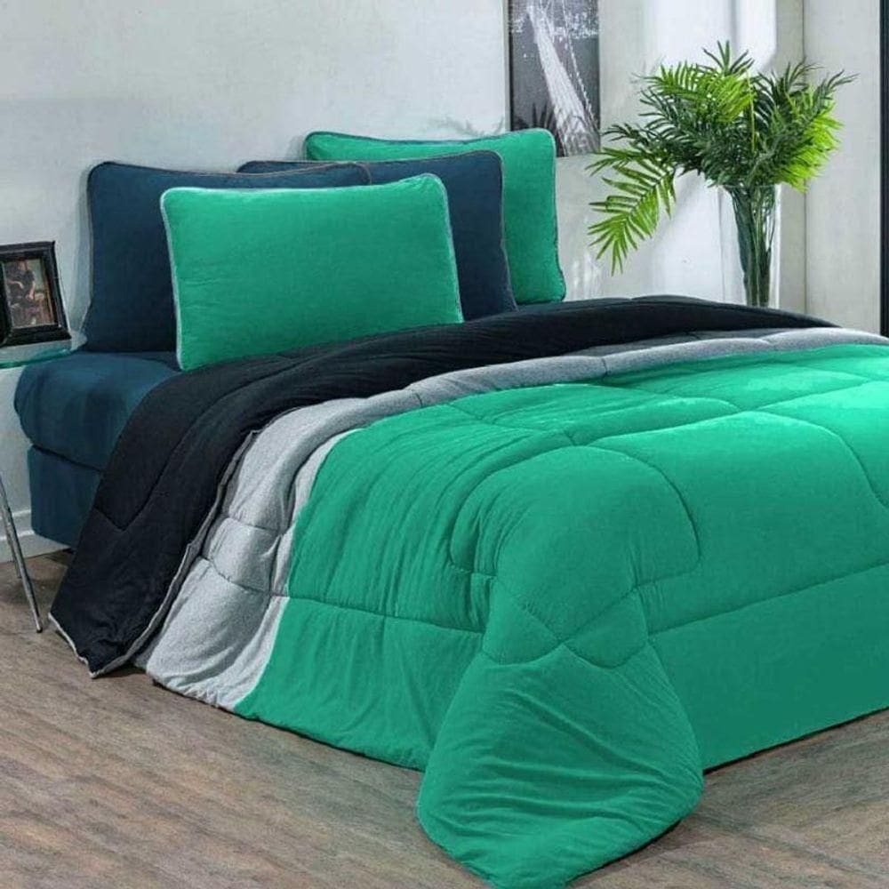Kit Edredom Malha 100% Algodão Urbano 3 Peças Queen - Verde Jade-mescla-preto