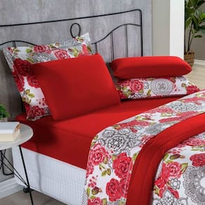 Kit Edredom Malha 100% Algodão Primavera 3 Peças Casal - Floral Vermelho