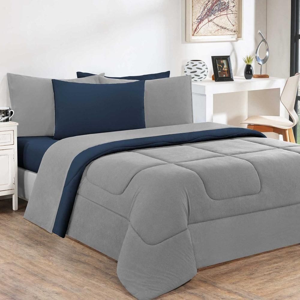 Kit Edredom Malha 100% Algodão Gran Moratta 3 Peças Queen - Cinza-azul Marinho