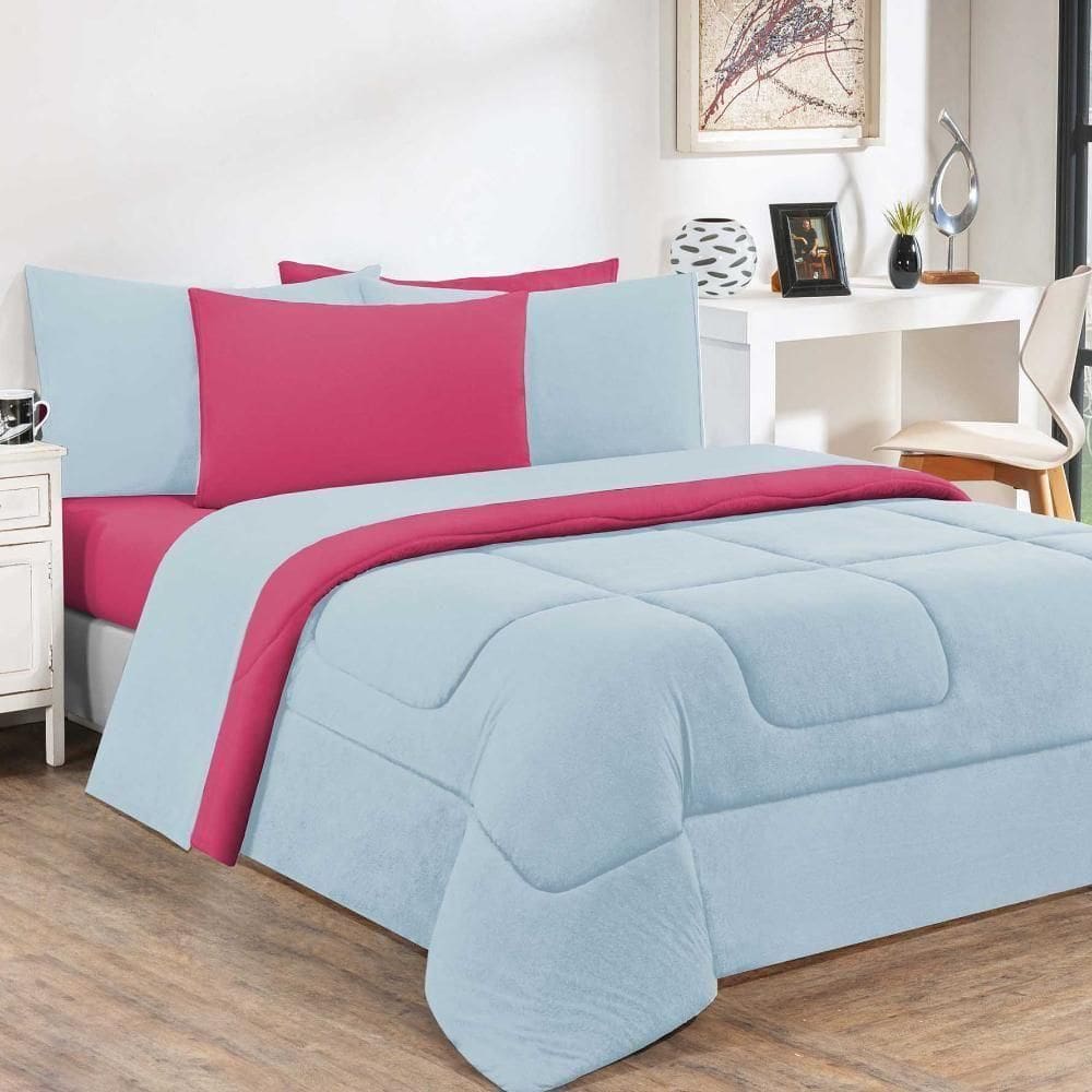 Kit Edredom Malha 100% Algodão Gran Moratta 3 Peças Queen - Azul Bebê-pink