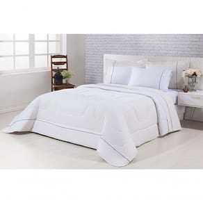 Kit Edredom 100% Algodão Percal 150 Fios Dupla Face Solteiro + Jogo De Cama 5 Peças - Palha-branco