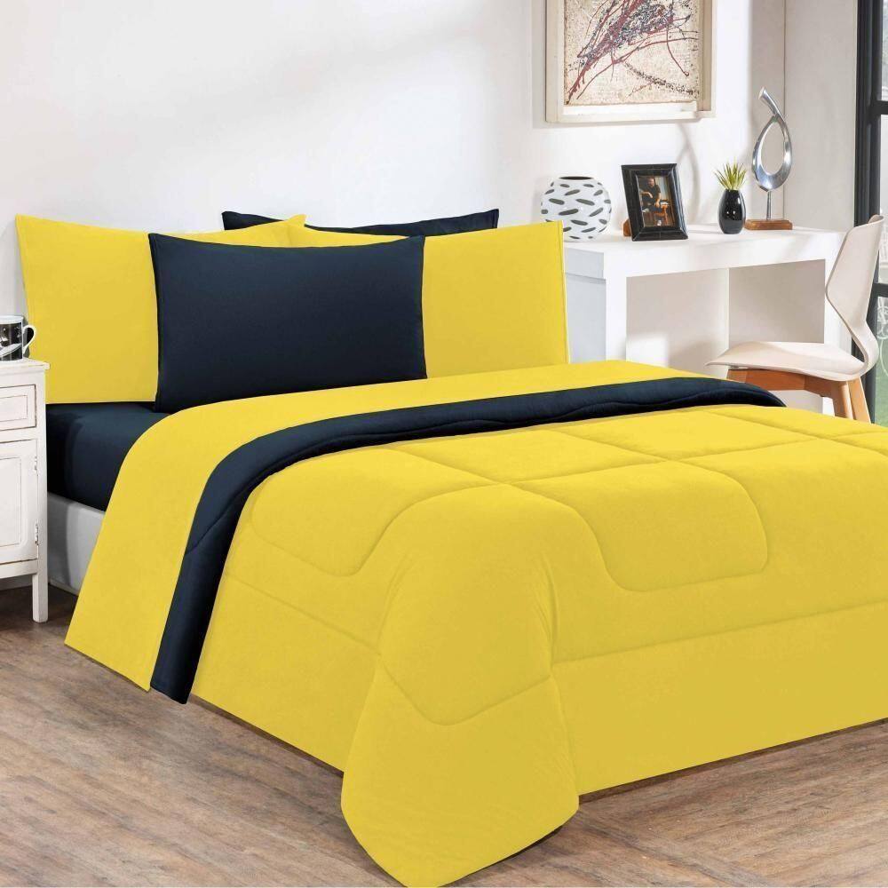 Edredom Malha 100% Algodão Gran Moratta 1 Peça Solteiro - Amarelo-azul Marinho