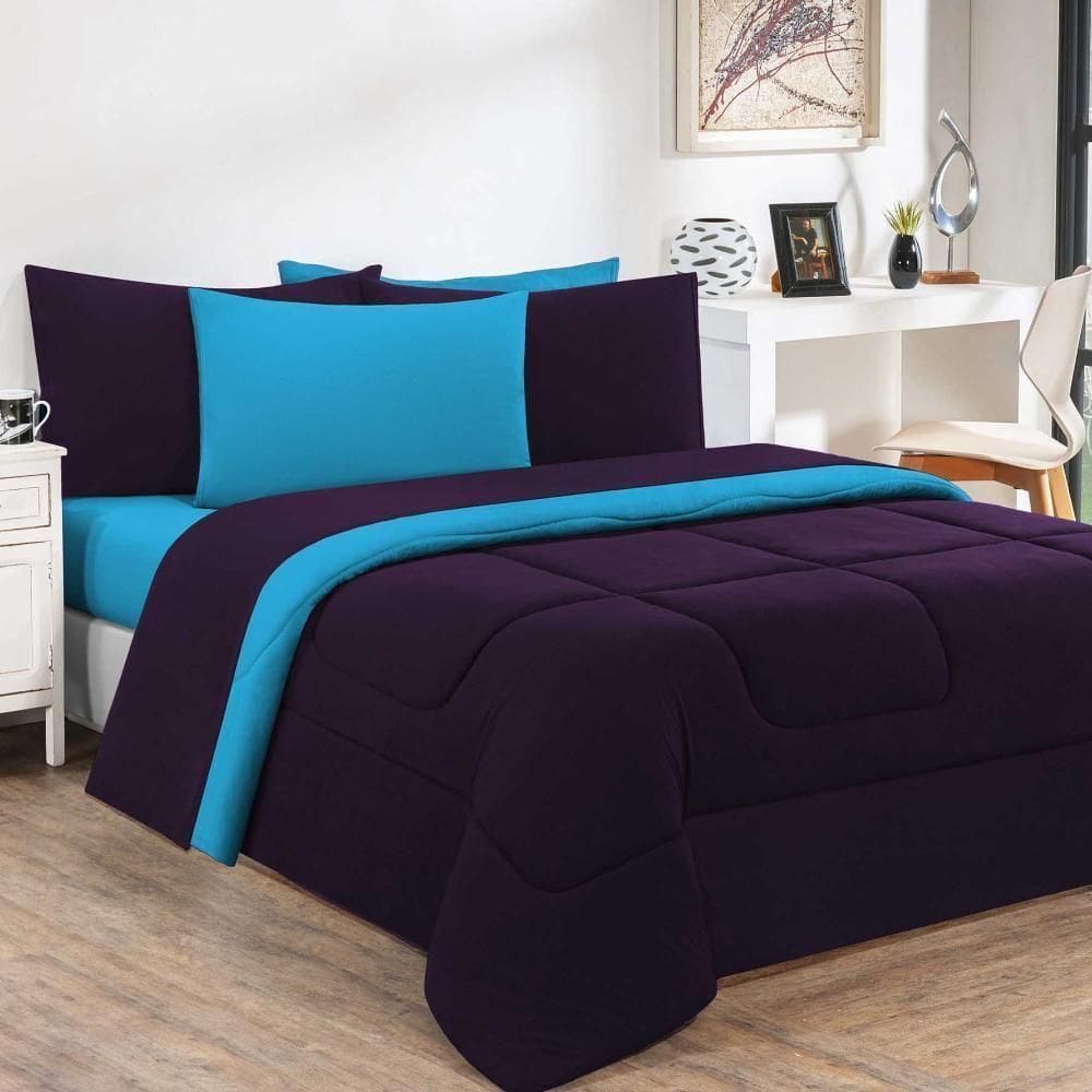 Kit Edredom Malha 100% Algodão Gran Moratta 3 Peças Queen - Roxo -azul Turquesa