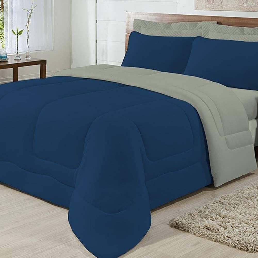 Edredom Dupla Face 100% Algodão Malha Casal Gran Moratta 01 Peça - Marinho- Cinza