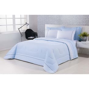 Kit Edredom 100% Algodão Percal 150 Fios Dupla Face Queen Gran Moratta 3 Peças - Azul-branco