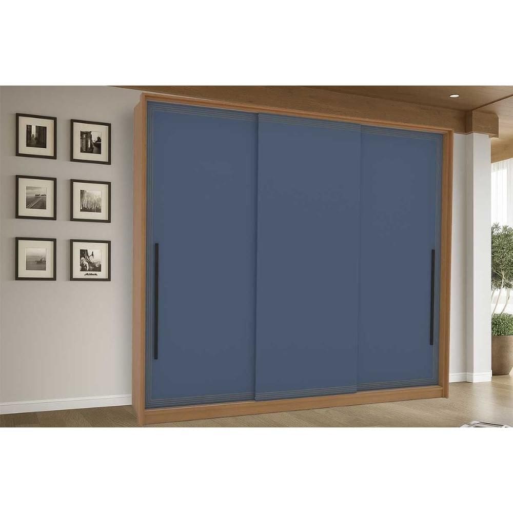 Guarda Roupa 3 Portas de Correr e 4 Gavetas Valência Freijo/Azul - Politorno