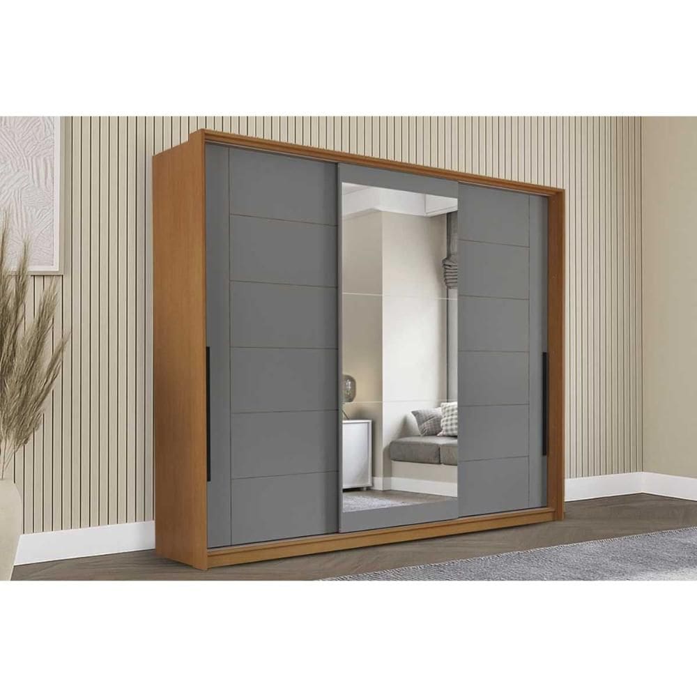 Guarda Roupa 3 Portas de Correr (1 c/ espelho) e 4 Gavetas Lisboa Freijo/Cinza - Politorno