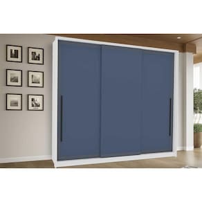 Guarda Roupas 3 Portas de Correr de e 4 Gavetas Valência Branco/Azul - Politorno