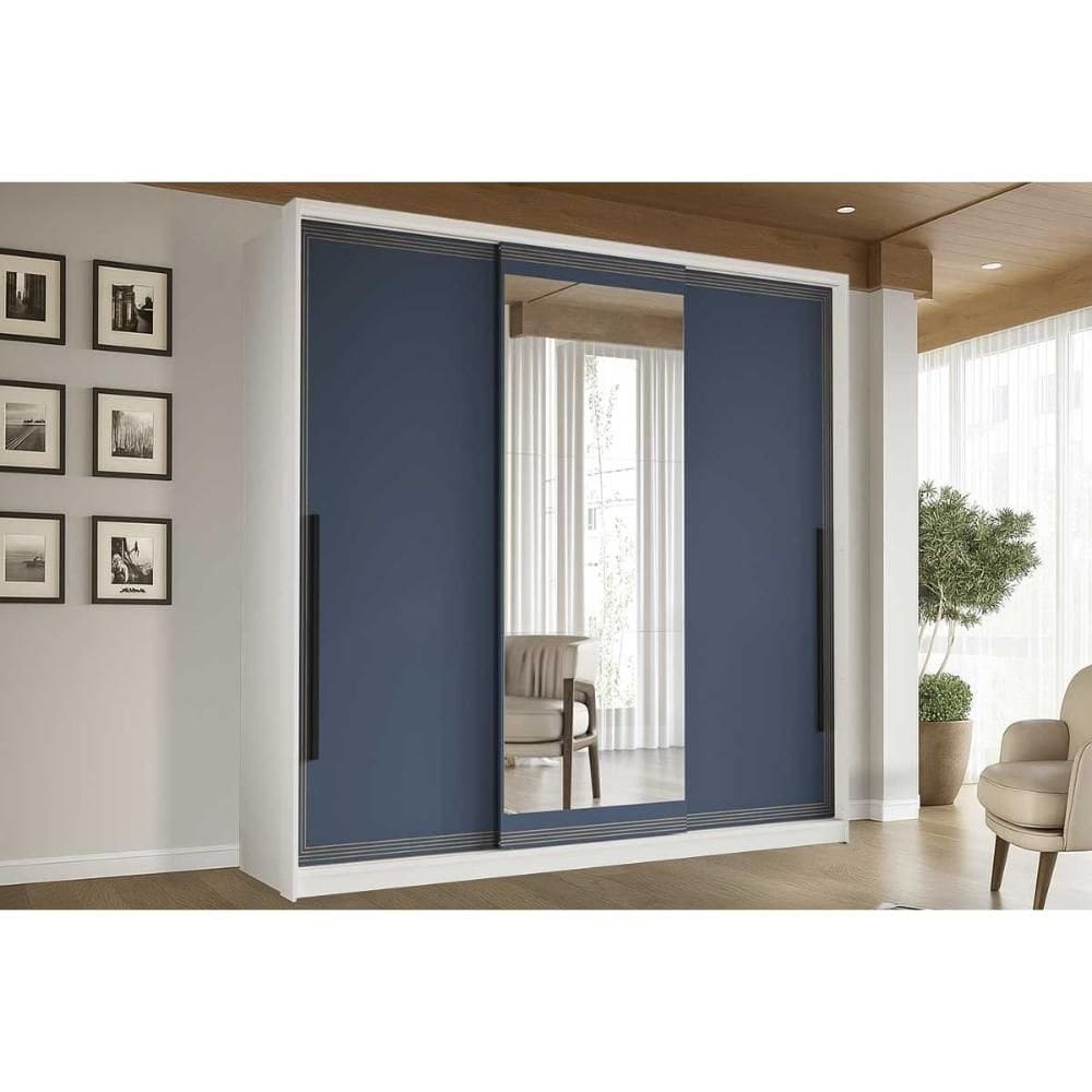 Guarda Roupa 3 Portas de Correr (1 c/ espelho) e 4 Gavetas Valência Branco/Azul - Politorno