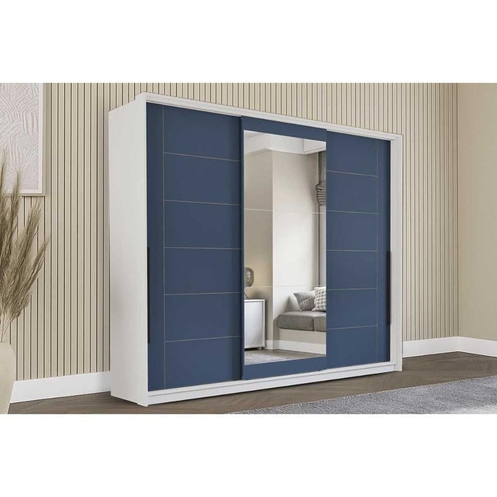 Guarda Roupas 3 Portas de Correr de (1 c/ espelho) e 4 Gavetas Lisboa Branco/Azul - Politorno