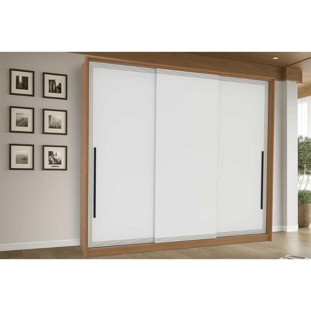 Guarda Roupa 3 Portas de Correr e 4 Gavetas Valência Freijo/Branco - Politorno