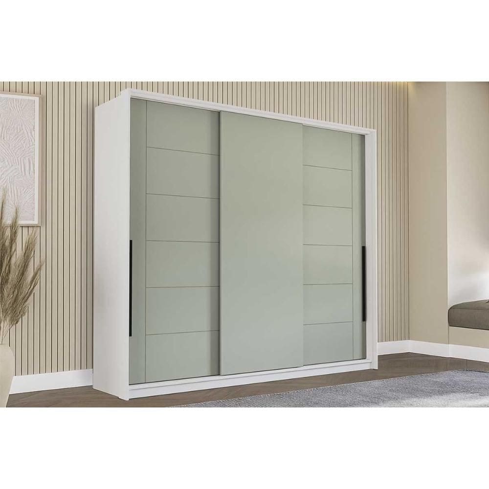 Guarda Roupas 3 Portas de Correr de e 4 Gavetas Lisboa Branco/Verde - Politorno