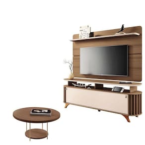 Rack Bancada Alba Com Painel Curv Com Mesa De Centro Sky Castanho Off White - Hb Móveis