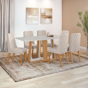 Conjunto Sala De Jantar Mesa Easy Pop 170x90cm Tampo Vidro/mdf Com 6 Cadeiras Seat Boucle Bege Amendoa/off White