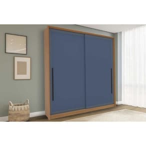 Guarda Roupa Casal 2 Portas de Correr e 2 Gavetas Valência Freijo/Azul - Politorno