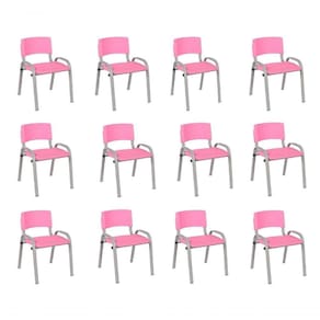 Kit 12 Cadeiras Infantil Iso, Escola, Base Cinza- Rosa