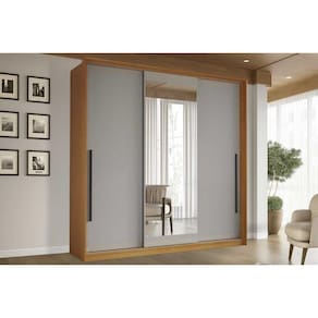 Guarda Roupa 3 Portas de Correr (1 c/ espelho) e 4 Gavetas Valência Freijo/Cinza - Politorno