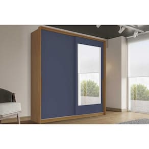 Guarda Roupa Casal 2 Portas de Correr (1 c/ espelho) e 2 Gavetas Porto Freijo/Azul - Politorno