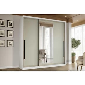 Guarda Roupa 3 Portas de Correr (1 c/ espelho) e 4 Gavetas Valência Branco/Verde - Politorno