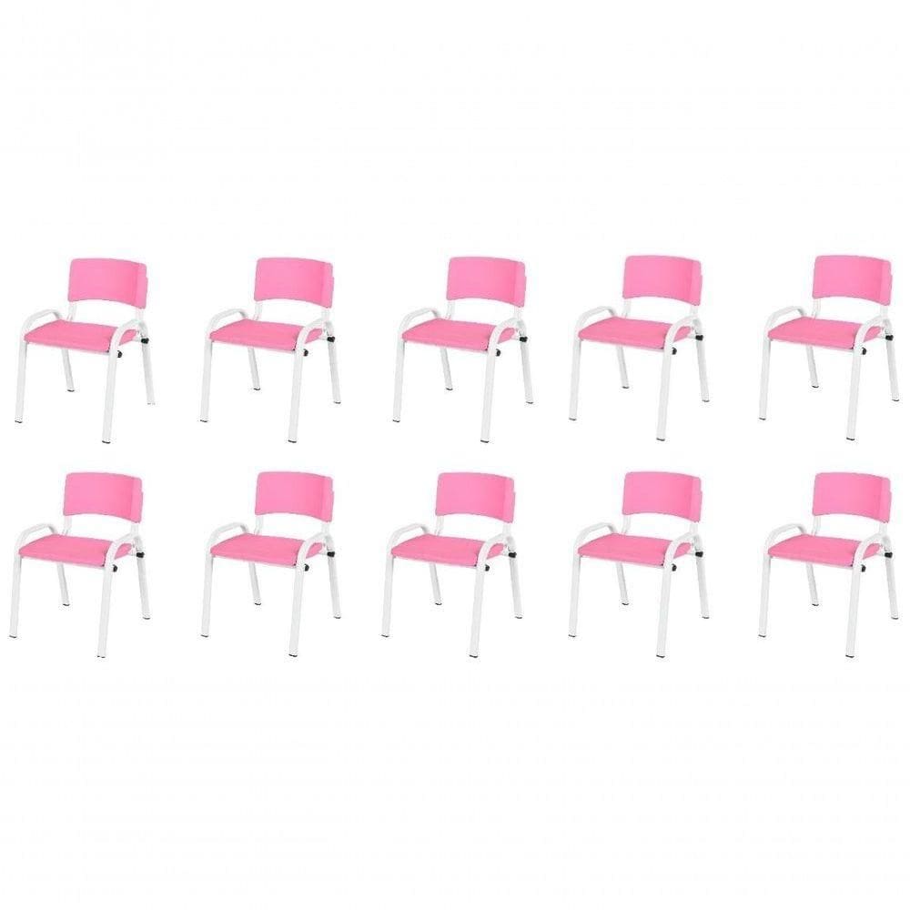 Kit 10 Cadeiras Infantil Iso, Escola, Base Branco- Rosa