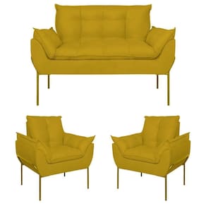 Kit 2 Poltronas Opala + Namoradeira Base Metal Dourada Amarelo
