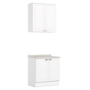 Cozinha Modulada Americana 2 Peças Aéreo E Balcão 80cm Branco/calcare Com Tampo Mdp - Móveis Henn Branco/calcare