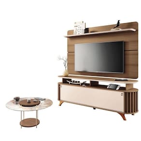 Rack Bancada Alba Com Painel Curv Com Mesa De Centro Sky Com Tampo De Vidro Castanho Off White - Hb Móveis