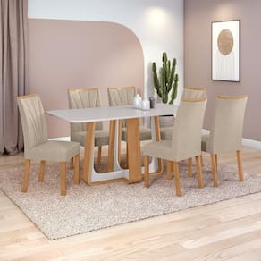 Conjunto Sala De Jantar Mesa Easy Pop 170x90cm Tampo Vidro/mdf Com 6 Cadeiras Confort Linho Rinzai Bege Amendoa Off White