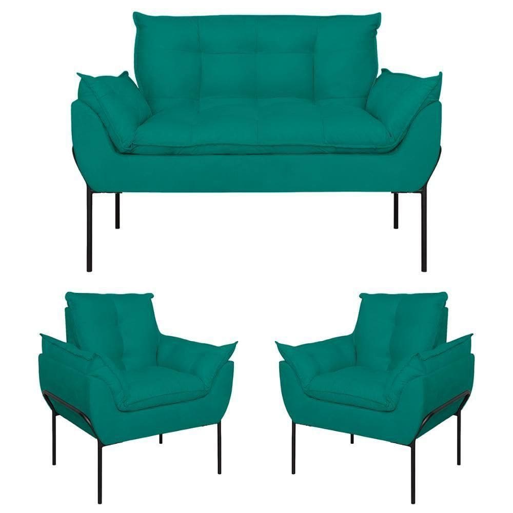Kit 2 Poltronas Opala + Namoradeira Base Metal Preta Suede Azul Turquesa